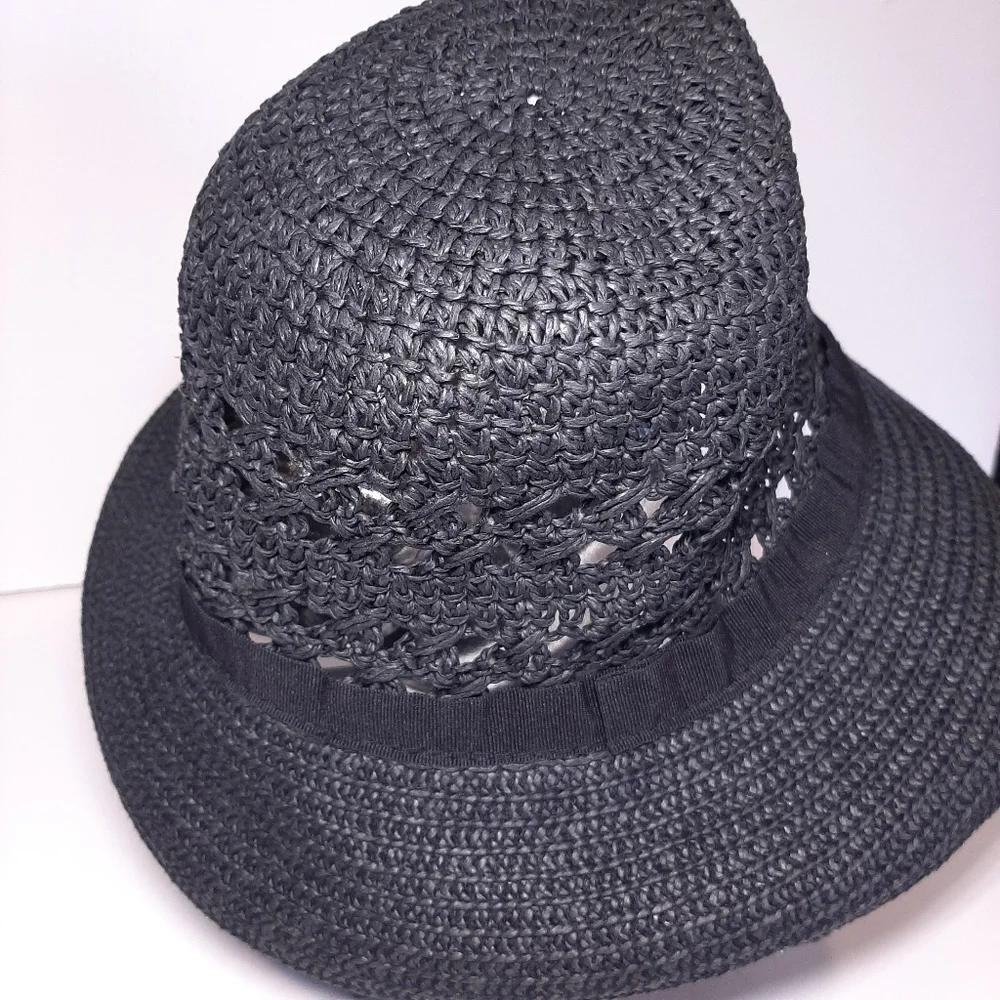 VINTAGE 90s Y2K Woven Straw Bucket Hat Ribbon Detail Retro Trendy